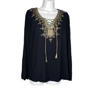 INC International Peasant Tunic Women Black Gold Embroidered Puffed Sleeve Top L